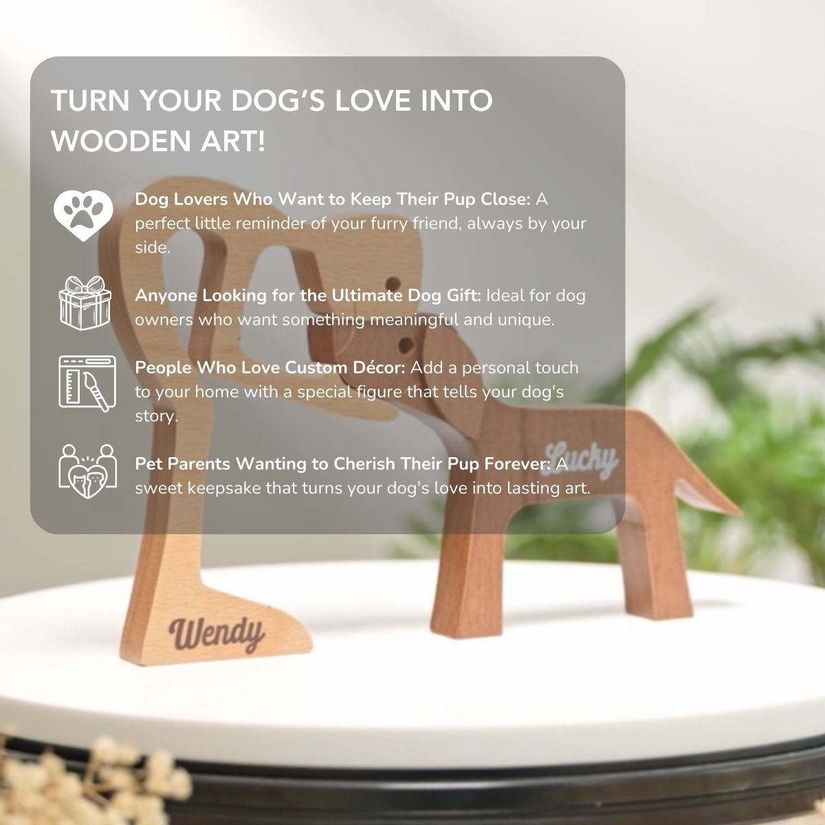 Serenosole™ WoodyPaws Personalized wooden dog-loving figure | Custom wooden figure that&